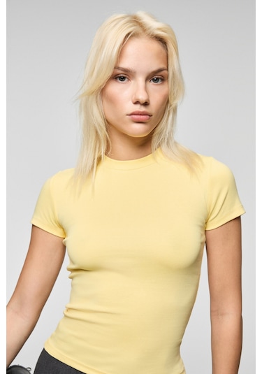 Grimelange Hopewell Kadın Yuvarlak Yaka Örme Slim Fit Sarı T-shirt Sarı