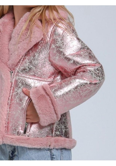 Kız Çocuk Parlak Kumaş İçi Peluş Detaylı Tasarım Mont-14266 Pembe