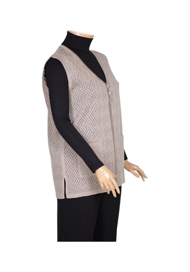 Hesna Kadın Yakut Triko Ajurlu Cepli Düğmeli Yırtmaçlı Taş Beji Yelek Bej