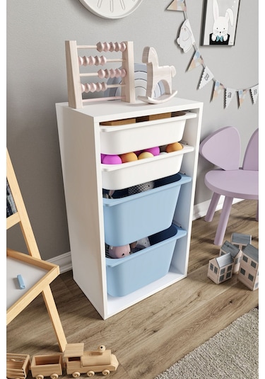 %100 Mdf - Small Mono 4 Sepetli Oyuncak Dolabı Mavi