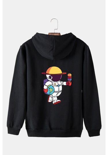 Unisex Siyah Kapüşonlu Arkası Astronot Baskılı Slim Fit Kanguru Cepli Sweatshirt Siyah