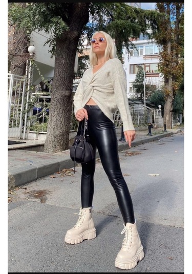 Incebelli Kadın Siyah Fitform Mat Deri Taytsiyahm Siyah