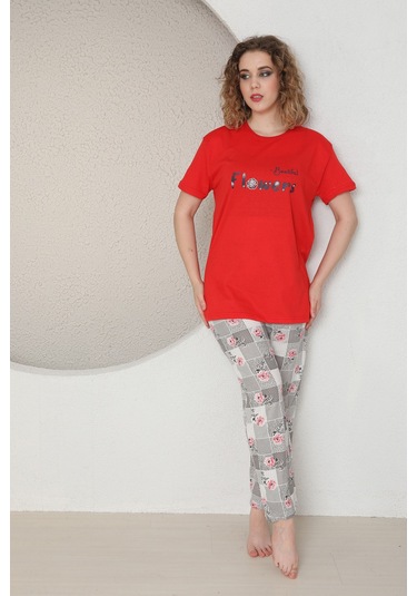 Fames Pijama Yazlik Çiçek Desen Kadin Pijama Takim Kırmızı