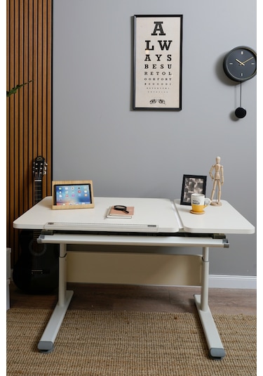 Vega Simple Yüksekliği Ayarlanabilir Ekru Ahşap Çalışma Masası, Modern Ofis Ve Bilgisayar Masası Gri