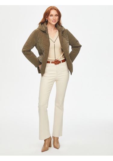 Trok Cepli Kadife Görünümlü Kapüşonlu Kapitone Mont 69435 U6943554 Haki