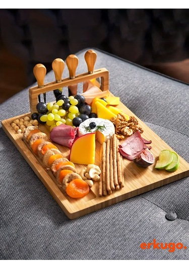 5 Parça Bambu Peynir Sunum Tahtası Ve Çatal - Spatula -mini Spatula - Bıçak Seti, Peynir Kesim Panosu, Sunum Seti Bambu