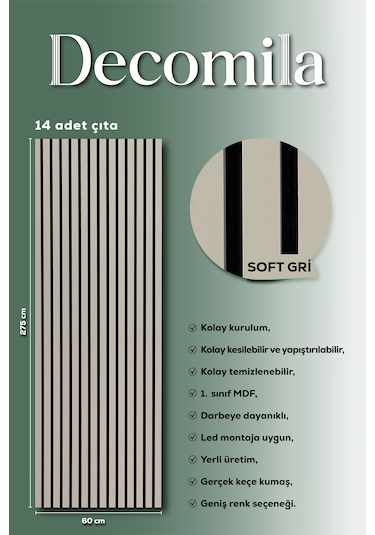 Mdf Ahşap Akustik Duvar Paneli 60x275 Cm - Soft Gri 60x275