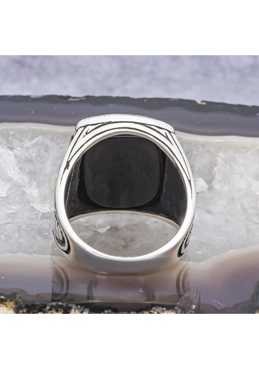Alyans Evim Kartal Motifli Kare Siyah Oniks Taşlı 925 Gümüş Erkek Yüzük