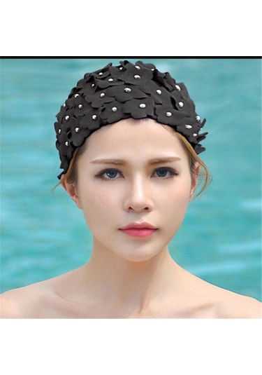 Kadınlar İçin İnci Üç Lu El Yapımı Çiçek Yüzme Bonesi Siyah