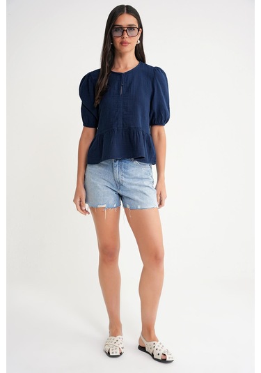 4713 Kadın Beli Büzgülü Kolu Lastikli Bol Müslin Bluz Lacivert Lacivert
