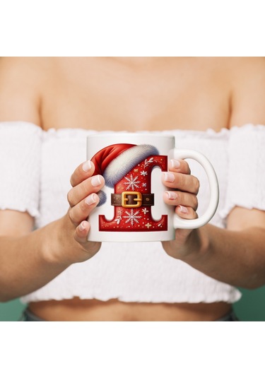 I Harfi Yılbaşı Temalı Bardak 330 Ml Harfli Kişiye Özel Hediye - Yeniyıl / Noel Şapka Tasarım Beyaz