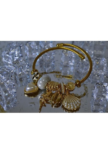 Uzel Sarı Gold Model Incili Deniz Kabuğu Charmlı Çelik Bileklik Beyaz