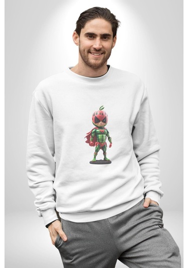 Süper Karpuz Adam Unisex Beyaz Baskılı Sweatshirt Beyaz