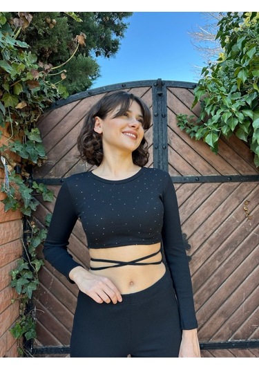 Kadın Paçası Yırtmaç Detaylı Taşlı Bel Bağlamalı Kaşkorse İkili Takım Çok Renkli