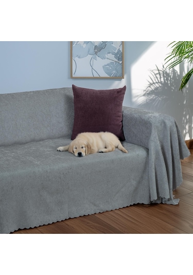 Jakarlı Şönil Koltuk Örtüsü Çekyat Örtüsü Koltuk Şalı 175x350 Kaymaz Bulut Bulut