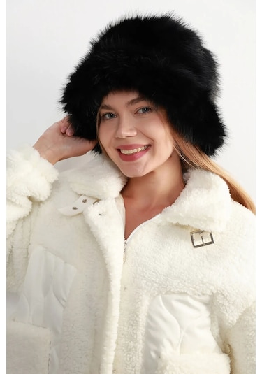 Kadın Kürklü Bucket Kalpak Şapka Rkş-15 Siyah Siyah