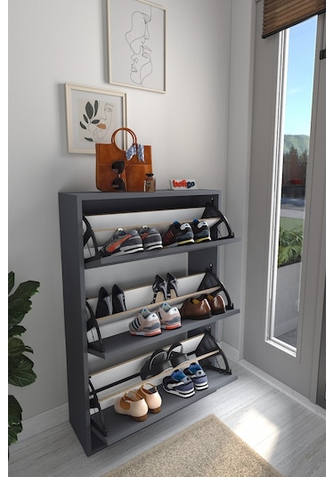 Bofigo Düşer Kapak Ayakkabılık Kayar Raflı Ayakkabılık 3 Bölmeli Ayakkabılık Melek Antrasit