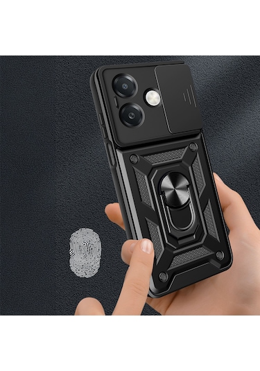Teknomoda Oppo A3 Kılıf Yüzüklü Standlı Sürgülü Kamera Korumalı Tank Sert Silikon Kapak Siyah