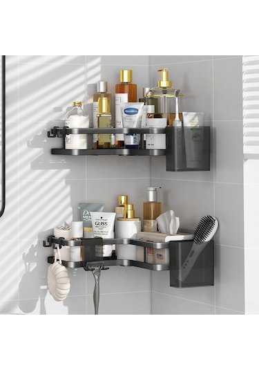 Springsun Banyo Köşe Dolabı, Duvar Üstü İki Katlı Sıralama Rafı, Delme Yok Kurulum, Rust Öğesi, Mutfak/banyo/ Balkon Depolama Çözümü Siyah Diğer