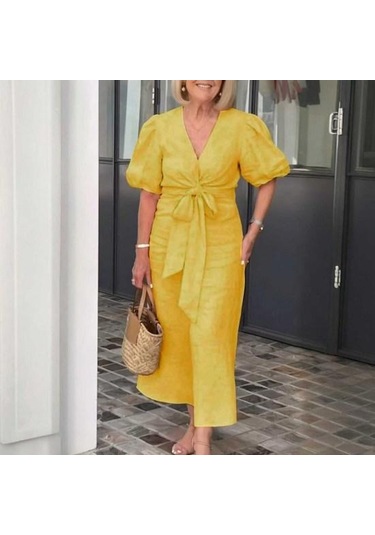 Yazlık Maksi Elbise V Yaka Bağcıklı Bel Kabarık Kollu Düz Renk Bol Beyaz