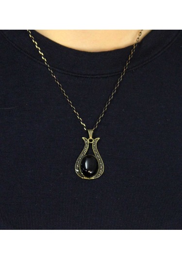 Doğal Taş Oniks Doğal Taşlı Lale Modelli Antik Kadın Kolye Euk44o Siyah