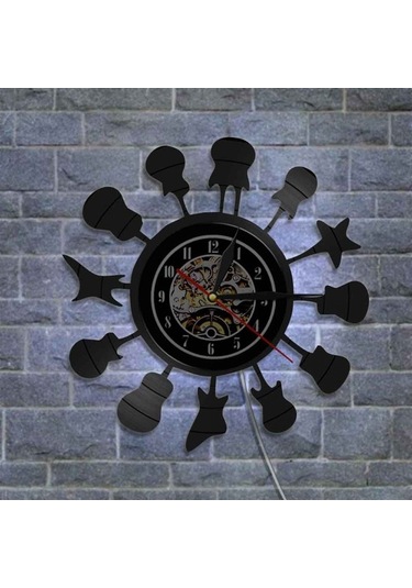 Primepickings Müzik Vinil Plak Duvar Saati -enstrüman Gitar Serisi Led Işıklı Duvar Saati -vinil Saat -oturm A