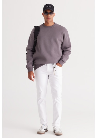 AC&Co / Altınyıldız Classics Erkek Koyu Grı Oversize Fit Bol Kesim Pamuklu İçi Polarlı Bisiklet Yaka  Sweatshirt Koyu Gri