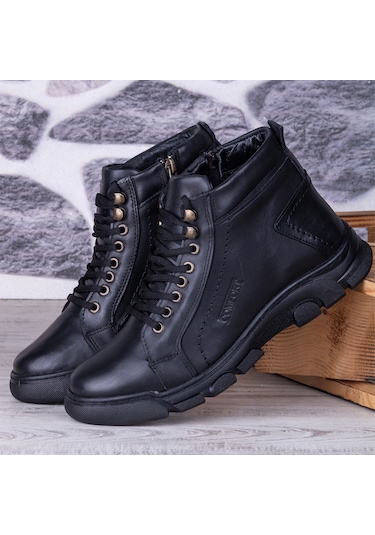 Ghattix Lass Kışlık Hakiki Deri Erkek Bot Fermuarlı Siyah Siyah