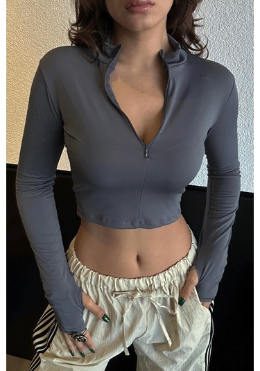 Düz Gri Balıkçı Yaka Yarım Fermuarlı Kesik Parmaklı Uzun Kollu Crop-18597 Gri