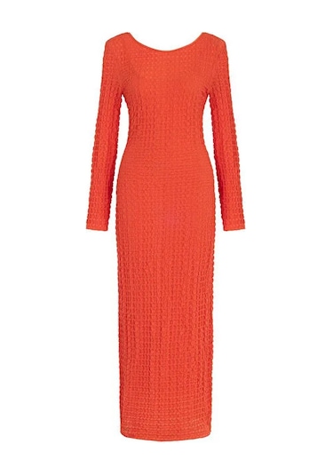 Nocturne Oversize Maxi Elbise - Uzun Kol - Minimalist Stil Kırmızı