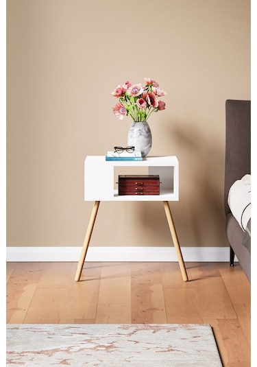 İntergo Ahşap Ayaklı Dekoratif Raflı Komodin Beyaz
