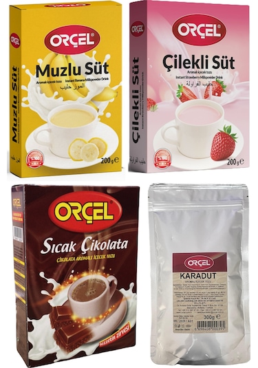 Orçel Sıcak Çikolata + Çilekli Süt + Muzlu Süt + Karadut Aromalı Toz İçecek 4'lü