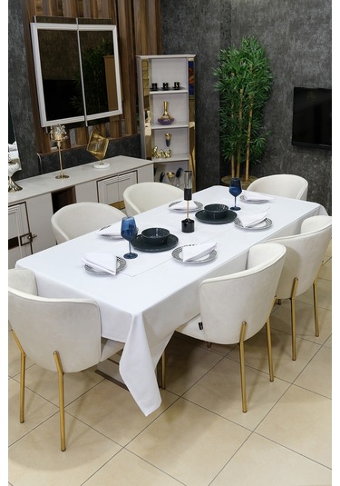 Dream 8 Parça Masa Örtüsü Seti Çeyiz Seti Salon Masa Örtüsü, Runner, 6'lı Peçete Beyaz