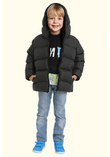 Erkek Çocuk Polarlı Kapüşonlu Su Geçirmez Rüzgara Dayanıklı Şişme Kışlık Mont Siyah