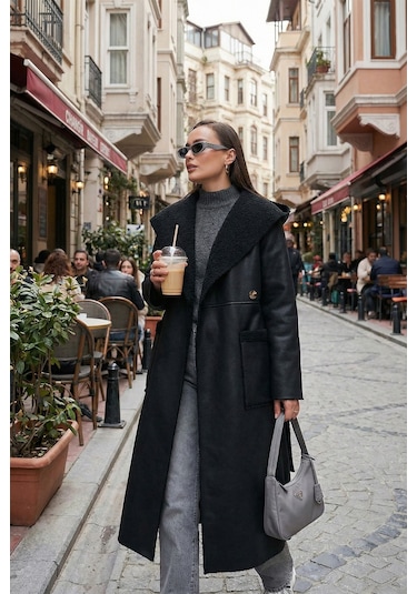 Lela Çift Taraflı Kapüşonlu Oversize Uzun Bayan Kaban 6810295 Siyah