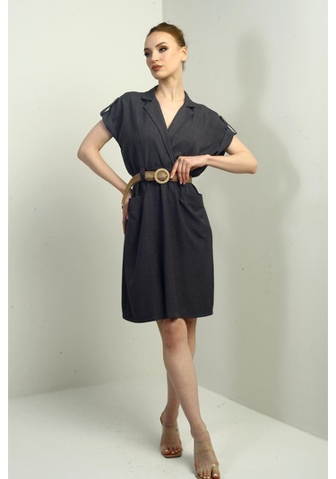 Kadın Torba Cepli Beli Kemerli Elbise-40662 Antrasit