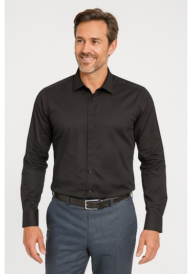 Erkek Klasik Gömlek Pamuklu Esnek Kumaş,slim Fit Uzun Kollu, Fransız Manşetli Plus Scorpion Siyah