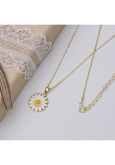 Papatya Mineli Model 925 Ayar Gümüş Gold Rengi Kadın Kolye Gold - Rodyum