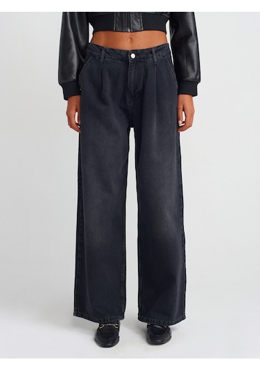 Dilvin 71733 Pileli Geniş Denim Pantolon Siyah