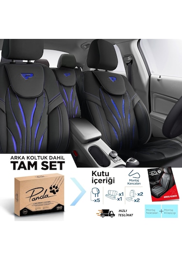 Panda Pars Serisi Deri Oto Koltuk Kılıfı - Siyah - Mavi