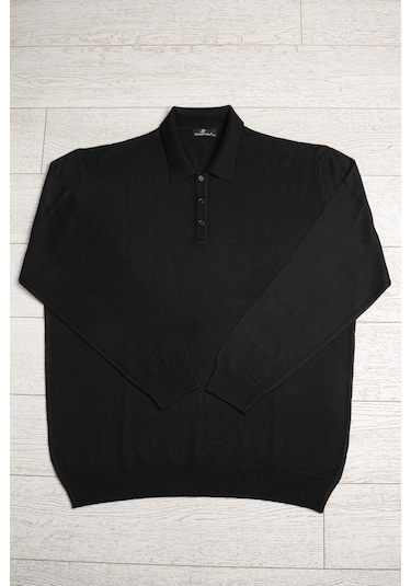 Woolen World Polo Yaka Battal Büyük Boy Yünlü Triko Kazak Siyah