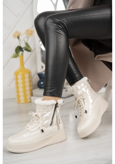 Khayt Violetta Su Geçirmez Kürklü Fermuarlı Kadın Kar Bott Bej