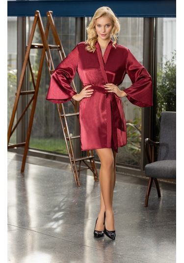 Laperissa Kadın Bordo Saten Kuşaklı Gecelik Ve Sabahlık Takımı Şık Ve Zarif 2 Li Set Bordo