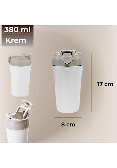 Paslanmaz Çelik Bardak Mug Termos 380 Ml Çift Katmanlı, Sızdırmaz Kapaklı-283 Krem