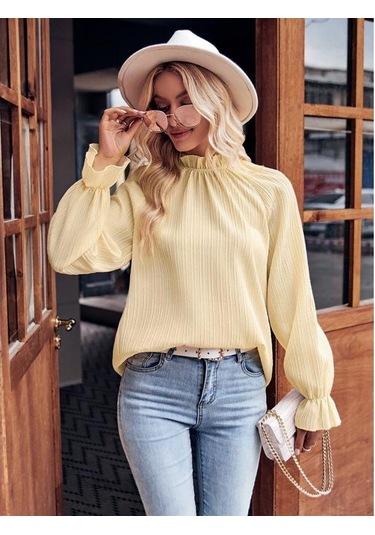 İlkbahar Ve Sonbahar Kadın Bluz Fırfırlı Yaka Jakarlı Gevşek Mizaç Banliyö Uzun Kollu Üst Açık Sarı İlkbahar Ve Sonbahar Kadın Bluz Fırfırlı Yaka Jakarlı Gevşek Mizaç Banliyö Uzun Kollu Üst Açık Sarı