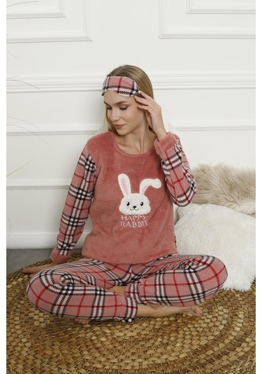 Kadın Ekose Desenli Polar Pijama Takımı 02133 Antrasit