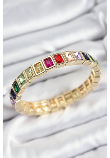 Pirinç Karışık Zirkon Taşlı Dikdörtgen Model Gold Renk Lastikli Kadın Bileklik - Tj-bb7493 Diğer