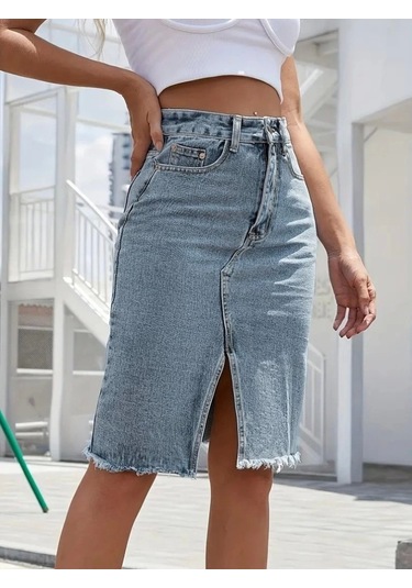 Kadın Elastik Bel Yırtık Kenar Detaylı Kot Etek Mavi