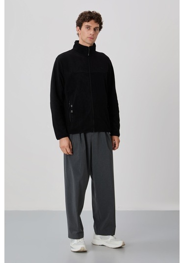 Tommy Life Siyah Yazı Nakışlı Dik Yaka Fermuarlı Standart Kalıp Erkek Sweatshirt Polar - 87992 Siyah