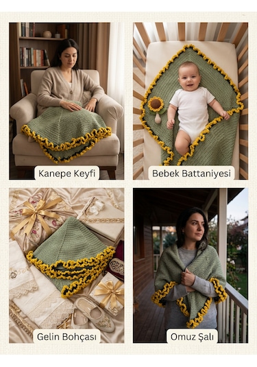 Mimoza Çiçeği Buketi Battaniye/ Özel Günler/ Anneler Günü Sarı - Yeşil
